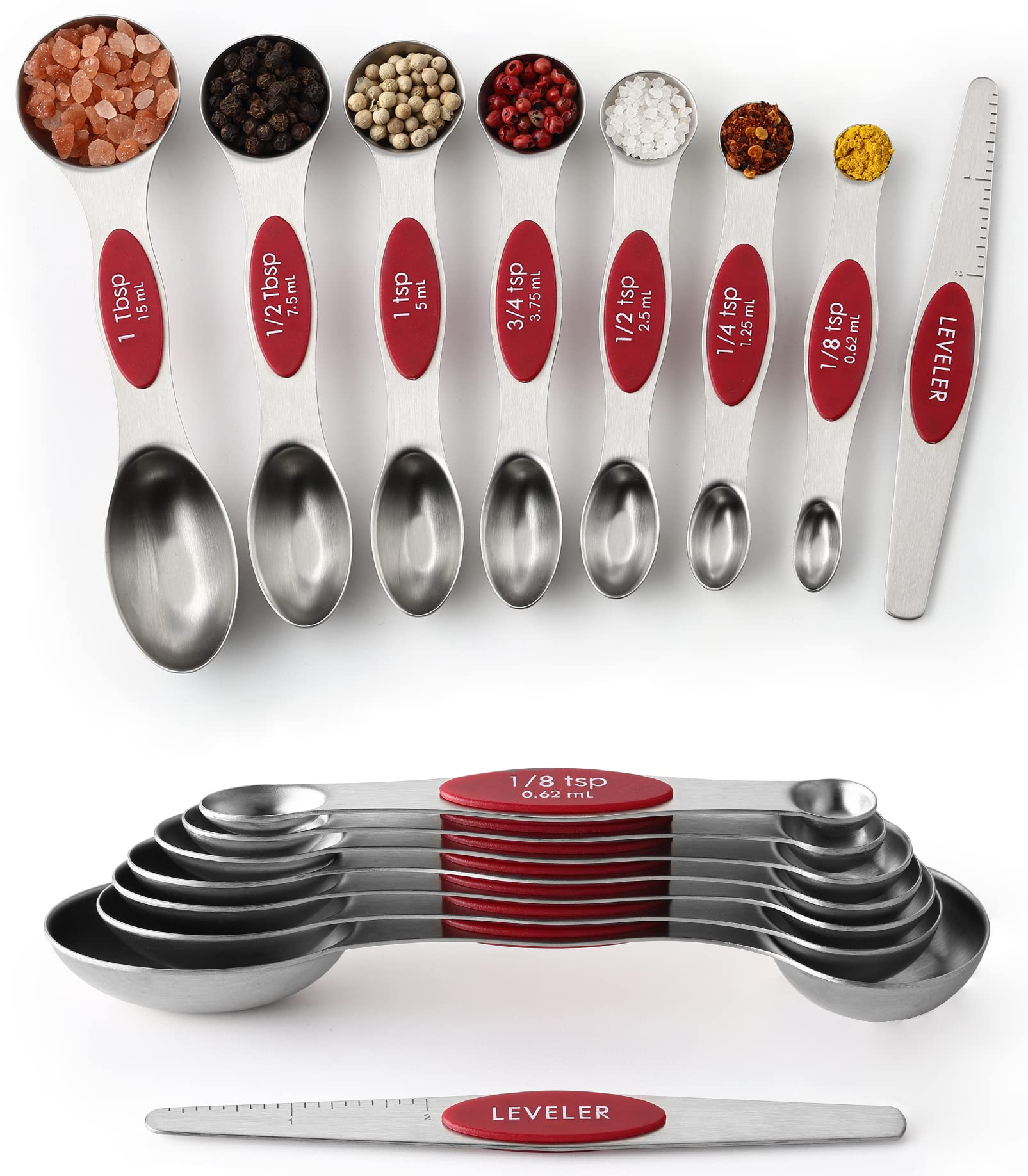 Spring Chef Stainless Steel Magnetic Measuring Spoons Set with Strong N45 Magnets, Heavy Duty Metal Kitchen Gadgets for Baking & Cooking, Fits in Most Kitchen Spice Jars, Set of 8 with Leveler, Black