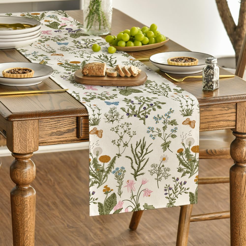 Artoid Mode Wildflowers Floral Spring Table Runner, Seasonal Summer Butterfly Kitchen Dining Table Decoration for Home Party 13x72 Inch
