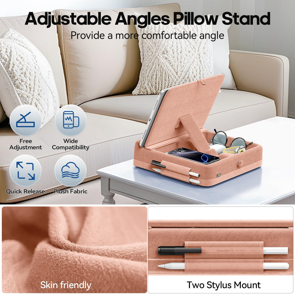 KDD Tablet Pillow Stand with Storage, Foldable iPad Holder for Bed, Lap and Desk, Angle Adjustable Soft Pad Dock with Stylus Mount Compatible with Ipad Pro 12.9, 10.5, 11, Air, Mini, Phones, Books