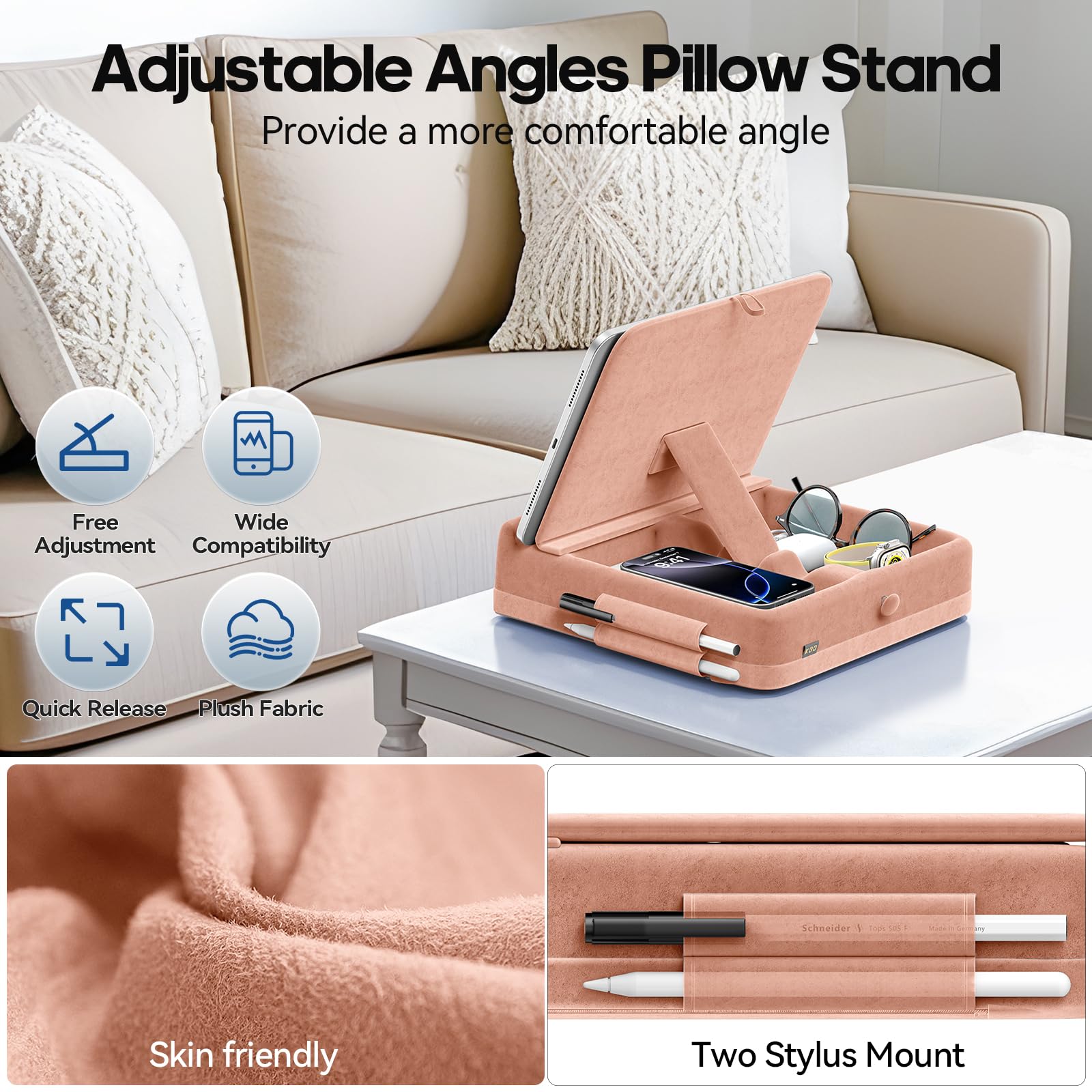 KDD Tablet Pillow Stand with Storage, Foldable iPad Holder for Bed, Lap and Desk, Angle Adjustable Soft Pad Dock with Stylus Mount Compatible with Ipad Pro 12.9, 10.5, 11, Air, Mini, Phones, Books