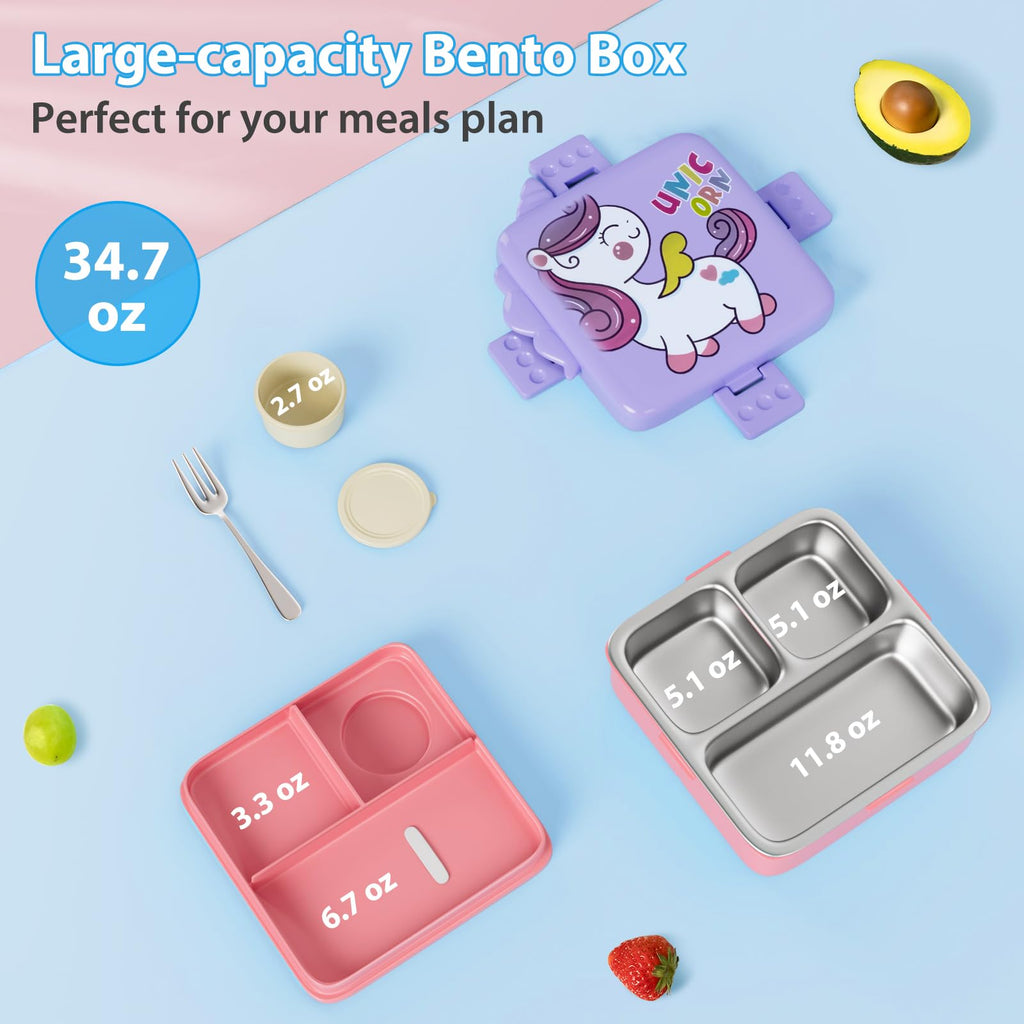 Freshmage Stainless Steel Double-Layer Bento Box Container with 3 Compartments, Large Capacity Leakproof and BPA Free Bento Lunch Box, Durable,Drop-Proof, Dishwasher Safe, Pink