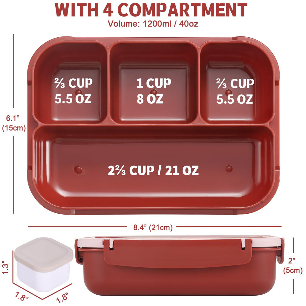 Bento Box Adult Lunch Box, Containers for Adults Men Women with 4 Compartments, Lunchable Food Container with Utensils, Sauce Jar, Muffin Liners, 40 Oz/5 Cup, Microwave & Dishwasher Safe, Brown