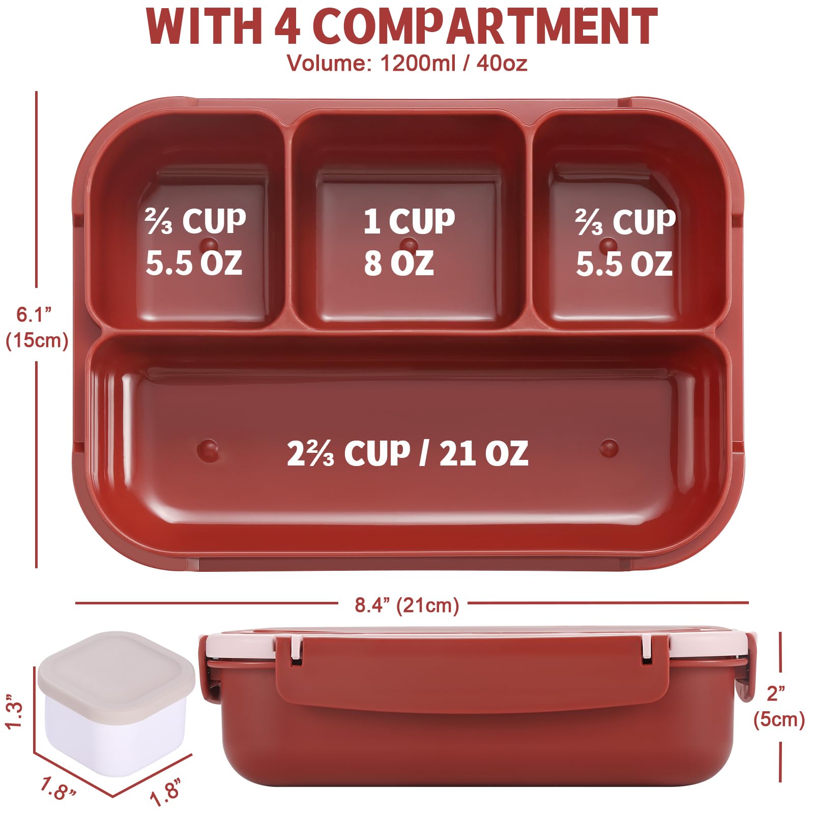 Bento Box Adult Lunch Box, Containers for Adults Men Women with 4 Compartments, Lunchable Food Container with Utensils, Sauce Jar, Muffin Liners, 40 Oz/5 Cup, Microwave & Dishwasher Safe, Brown