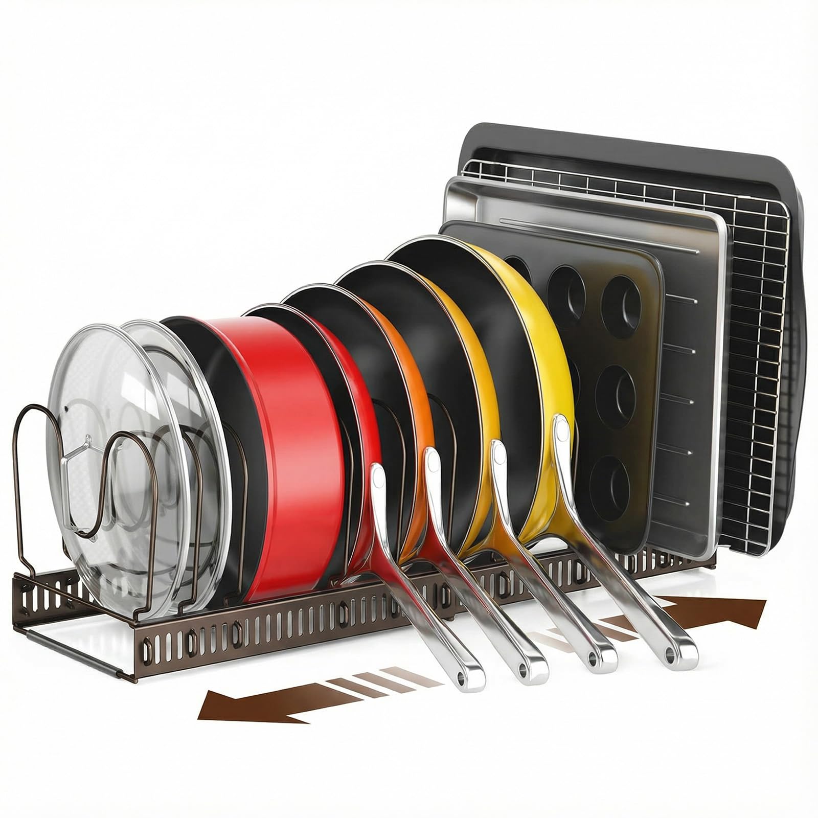 ORDORA Pots and Pans Organizer under Cabinet, Expandable 11.8"-22.8" Pot Lid Holder with 12 Adjustable Dividers, Pan Organizers inside Cabinet for Kitchen Cookware Bakeware, Black