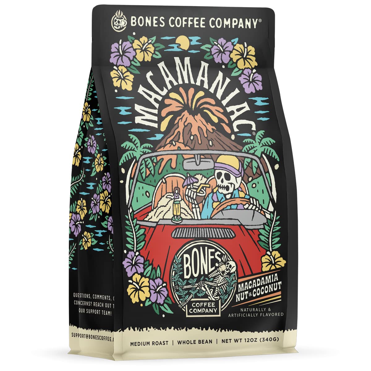 Bones Coffee Company Highland Grog, Butterscotch Caramel Flavored Coffee, Medium Roast Low Acid Arabica Beans Compatible with Auto drip and French Press Coffee Maker, 12 Oz Ground