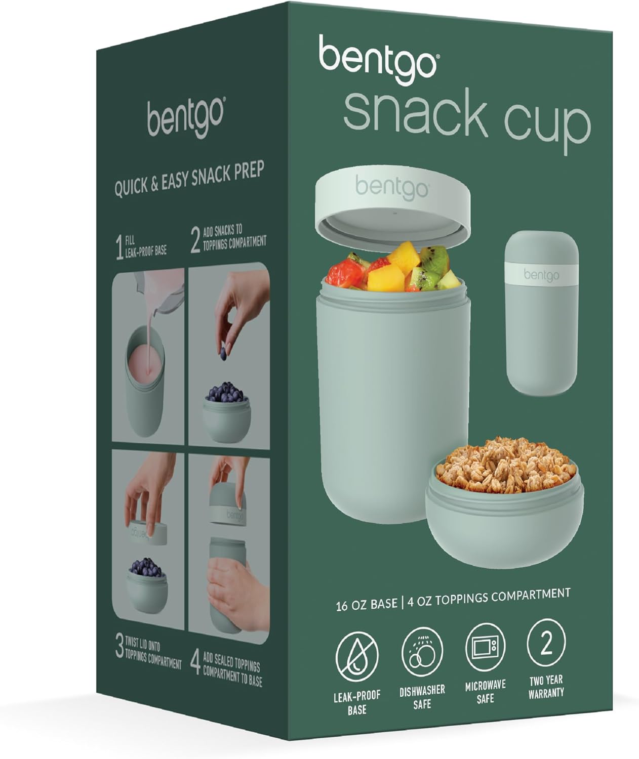 Bentgo Snack Cup - Reusable Snack Container with Leak-Proof Design, Toppings Compartment, and Dual-Sealing Lid, Portable & Lightweight for Work, Travel, Gym - Dishwasher Safe (Mint Green)