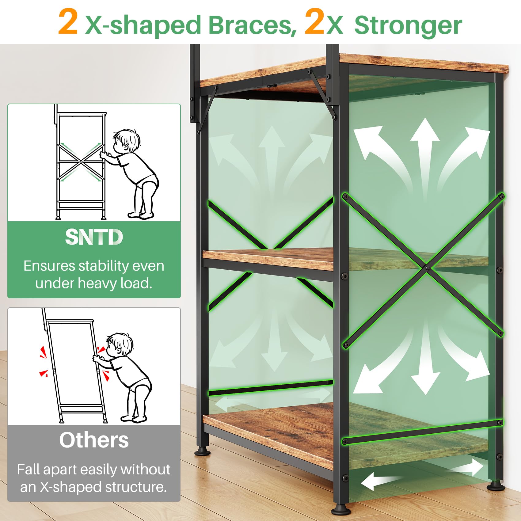 SNTD Bakers Rack with Power Outlet, Kitchen Shelves Microwave Stand with Wire Grid and 10 Hooks, 4 Tiers Coffee Stand (Rustic Brown, 23.5 x 15.6 x 52.8 Inches)