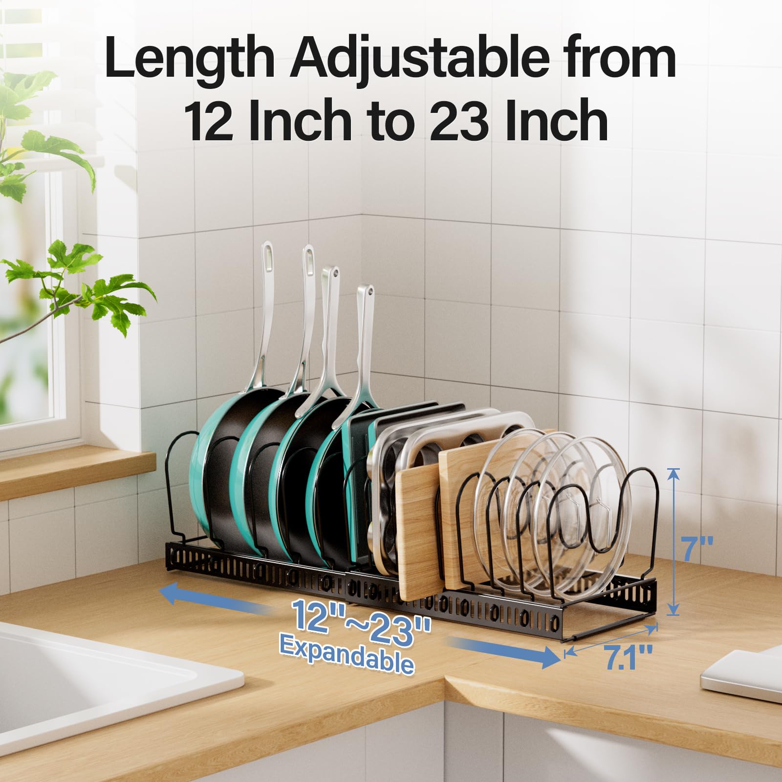 ORDORA Pots and Pans Organizer under Cabinet with Pot Lid Organizer, Expandable Rack for Pan and Pot Organizers Inside Cabinet, 12"-23" Adjustable with 10 Dividers for Kitchen Organization, Black