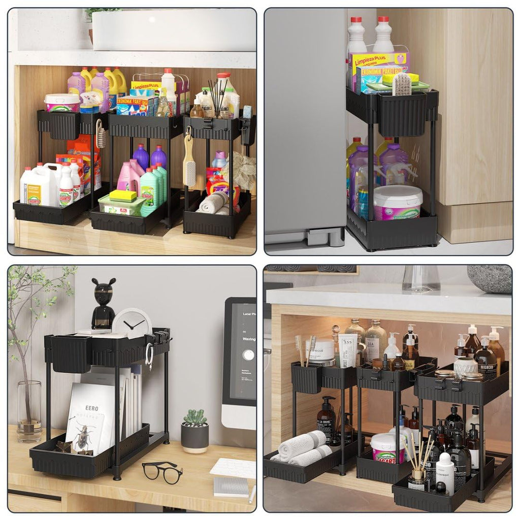 3 Pack Under Sink Organizers, 2-Tier Multi-Use Kitchen and Bathroom Organizers and Storage with Sliding Drawers，Bathroom Cabinet Organizer (Black, 12.8 Inch)