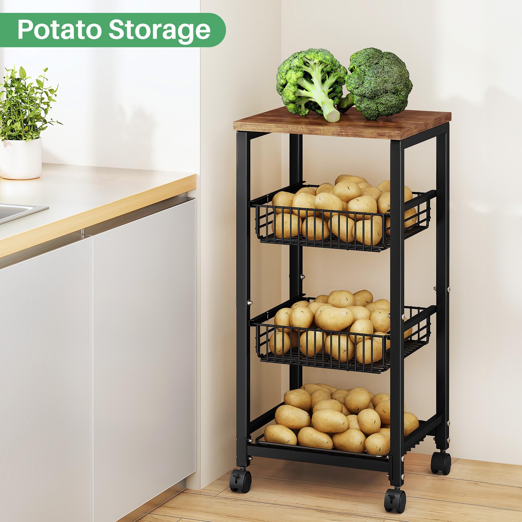 SNTD Fruit Basket Vegetable Stand for Kitchen Pantry, Pull Out Metal Wire Basket with Wood Top for Fruit Vegetable Onions Potatoes Snacks