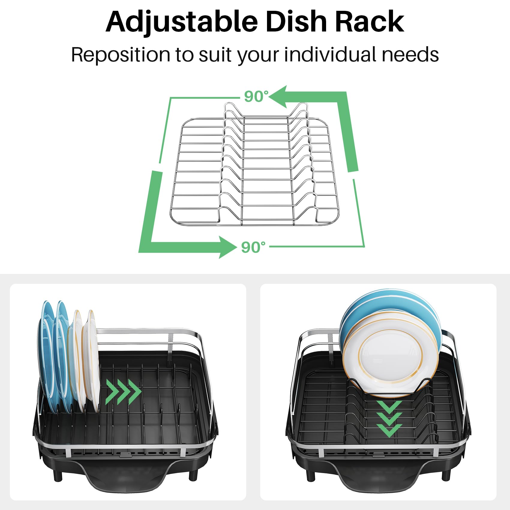 SNTD Dish Drying Rack, Expandable Dish Rack for Kitchen Counter, Stainless Steel Dish Drainer with Drainboard Set and Utensil Holder (Black)