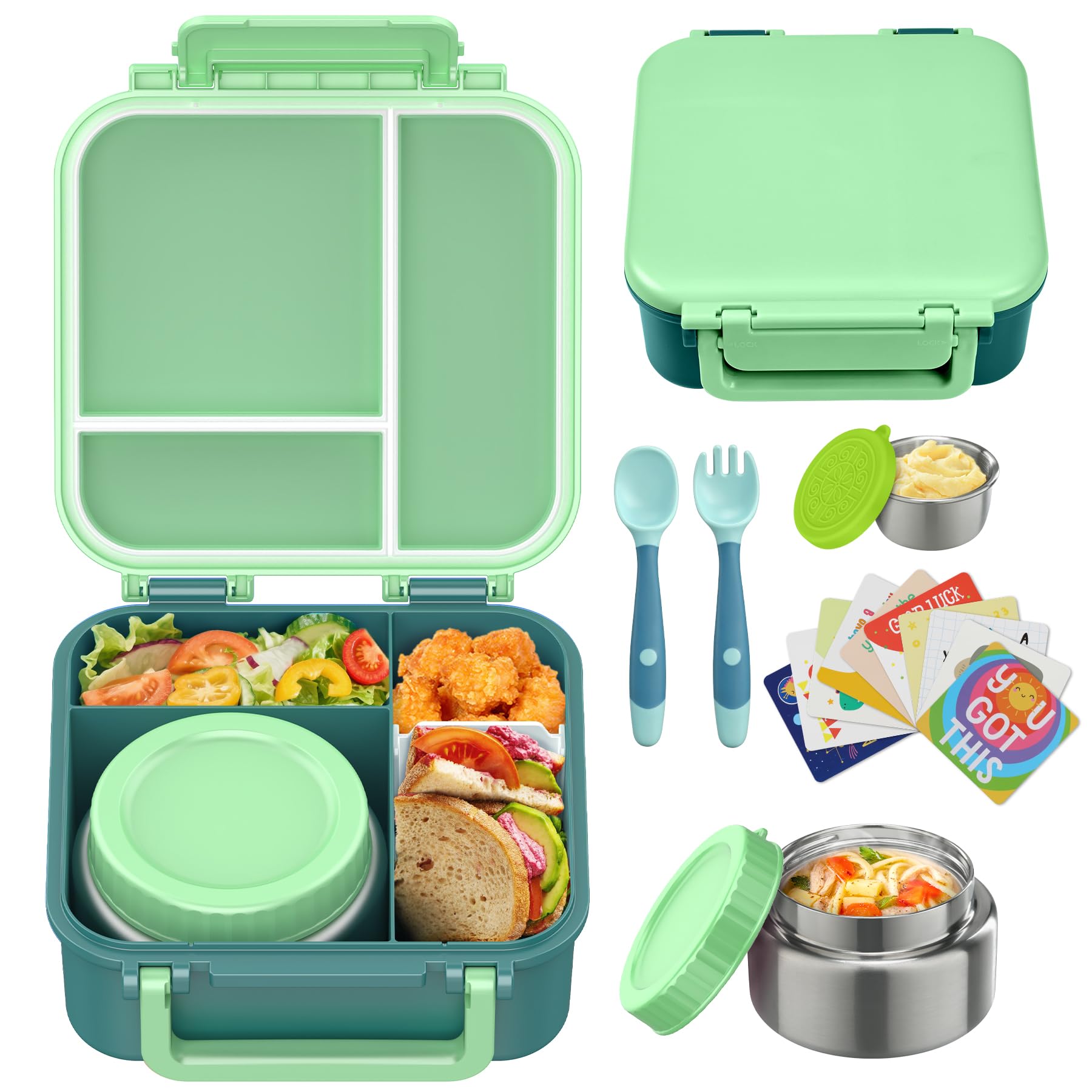 Kids Bento Lunch Box with 9oz Soup Thermo Leakproof Lunch Food Containers 4 Compartment with Insulated Hot Food Jar for Kid Toddler Girls Boys to School Trvael