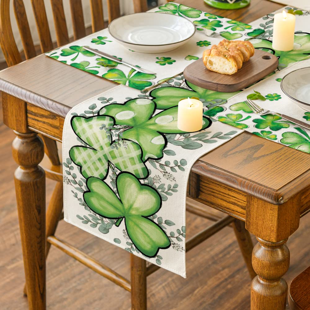 Artoid Mode Clover Shamrocks Eucalyptus Buffalo Plaid St.Patrick's Day Table Runner, Seasonal Kitchen Dining Table Runner for Home Party Decor 13x72 Inch