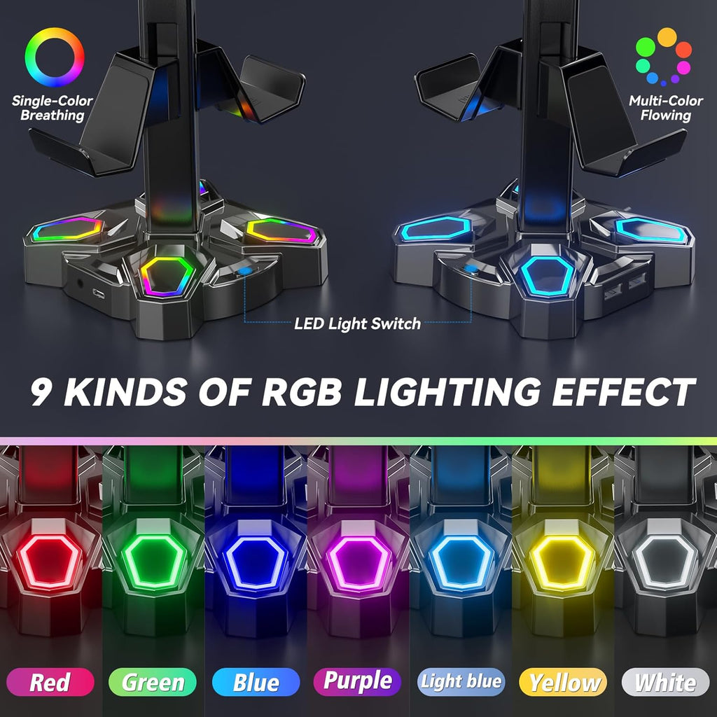 KDD Gaming RGB Headphones Stand & Controller Holder & Headset Holder for Desk - Rotatable Headset Stand with 9 Light Modes