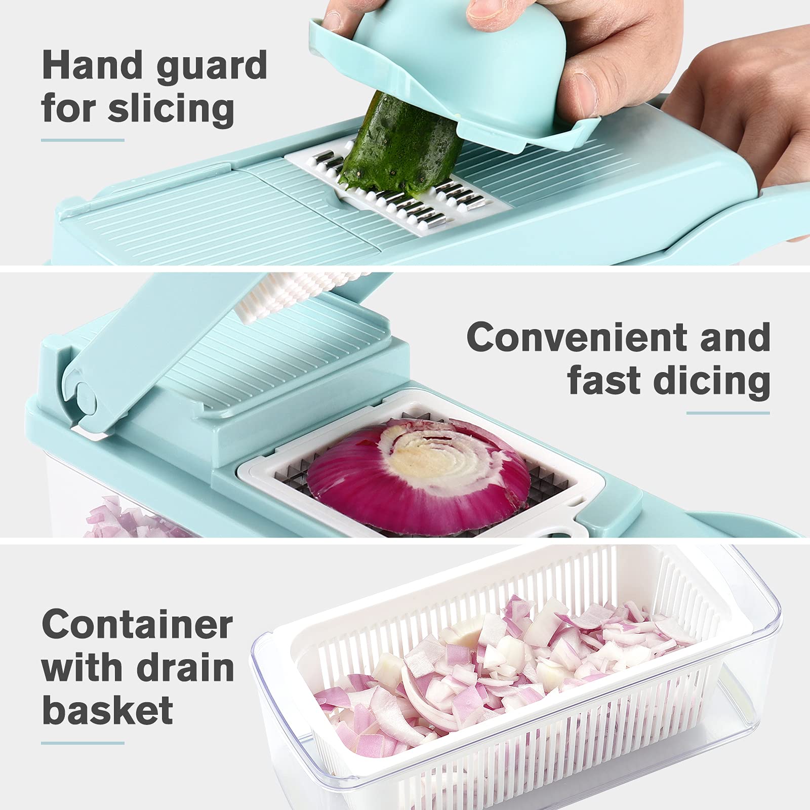 KEOUKE Vegetable Chopper Mandoline Slicer Grey - 12 in 1 Interchangeable Blades Food Chopper with Container, Hand Guard & Drainer, Veggie Dicer Kitchen Gadget for Onion, Cucumber, Tomato, Fruit