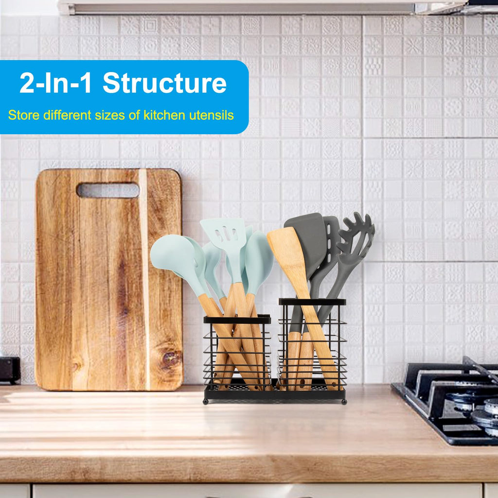 RedCall Utensil Holder for Countertop,Stainless Steel Kitchen Holder,2-In-1 Spoon Spatula Holder for Kitchen Counter,Large Wire Utensils Organizer,Cooking Tool Holder Storage Crock (2 Compartment)