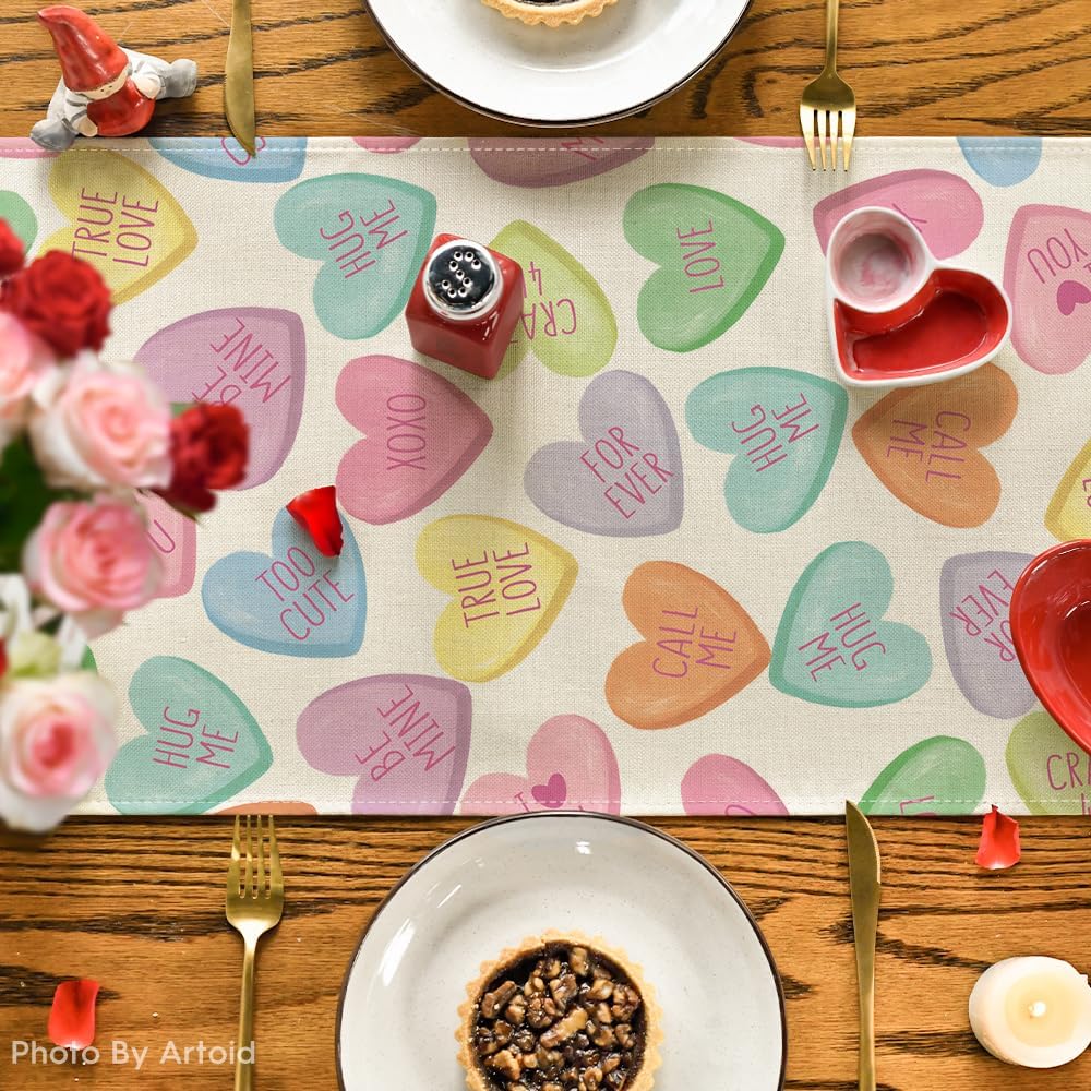 Artoid Mode Ture Love Heart Valentine's Day Table Runner, Seasonal Kitchen Dining Table Decoration for Home Party Decor 13x72 Inch