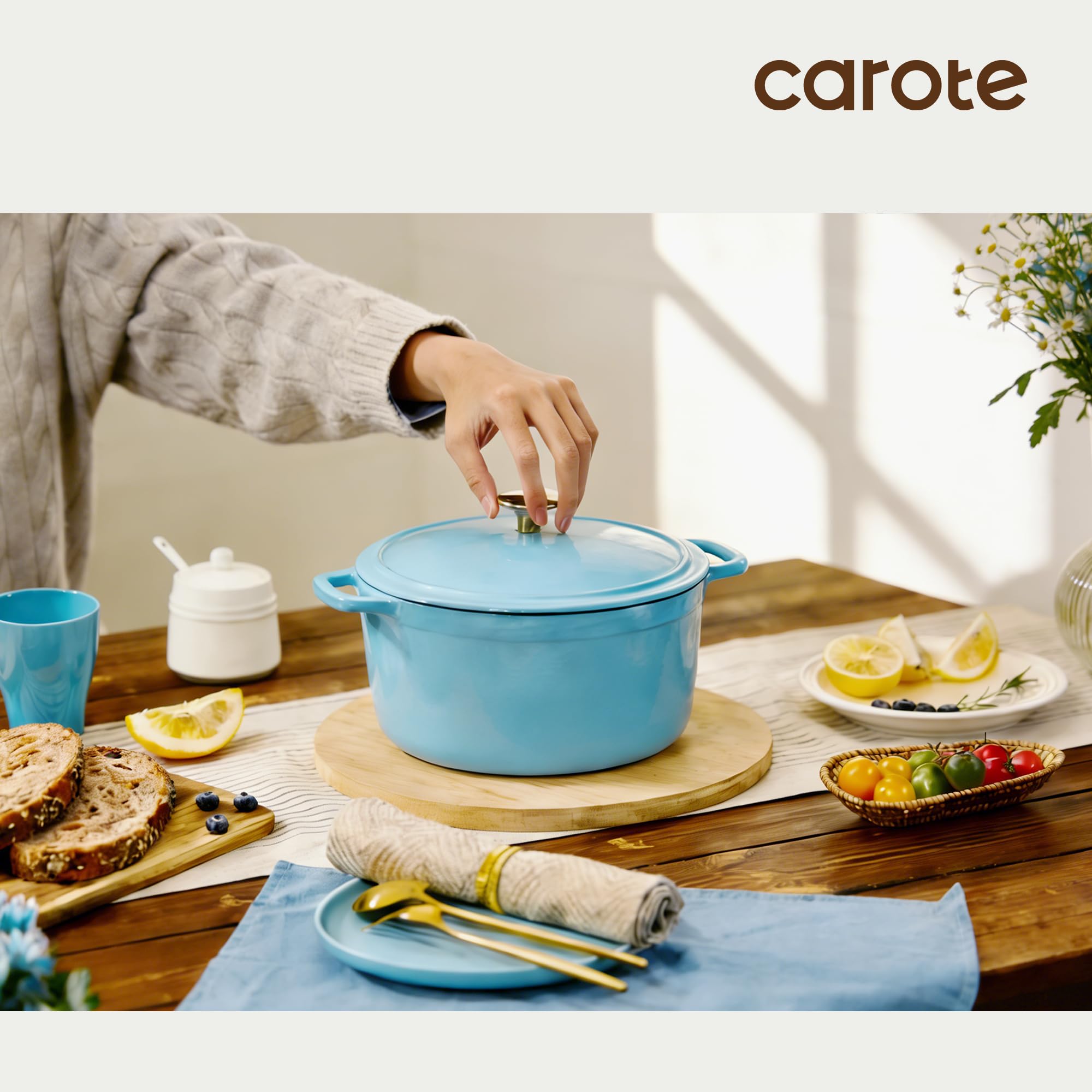 CAROTE 7QT Enameled Cast Iron Dutch Oven Pot with Lid, Heavy-Duty Dutch Ovens for Sourdough Bread Baking, Braising, Stews, Roasting, Healthy & Non-Toxic, Dual Handles, All Stovetop Compatible, Oven Safe up to 500° F, Cream White