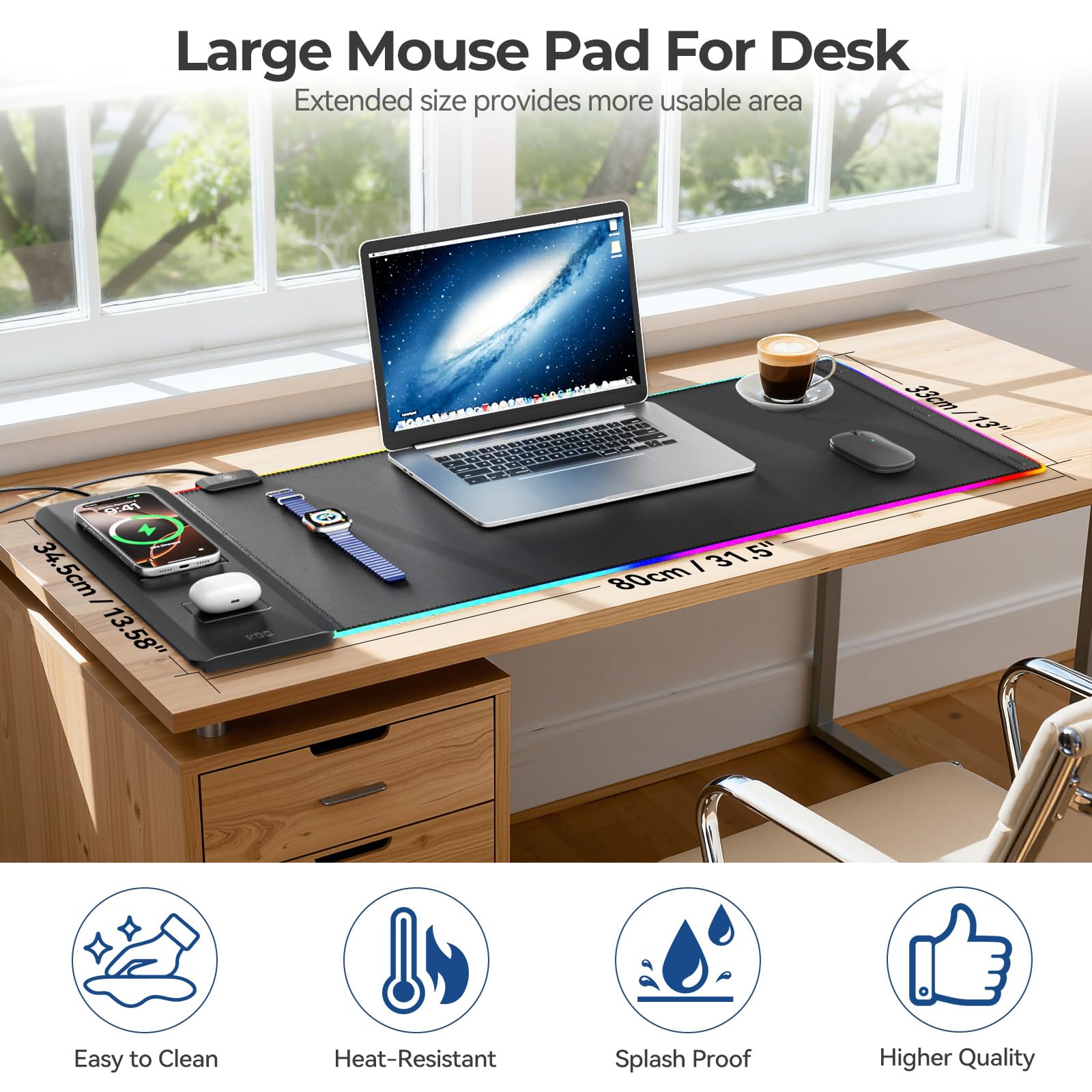 KDD RGB Mouse Pad with Wireless Charging - Desk Mat with Phone Holder and 15W Fast Charger - Gaming Mousepad with Ultra-Smooth Surface, Non-Slip Base - Keyboard Mat for Home Office Gamer Accessories