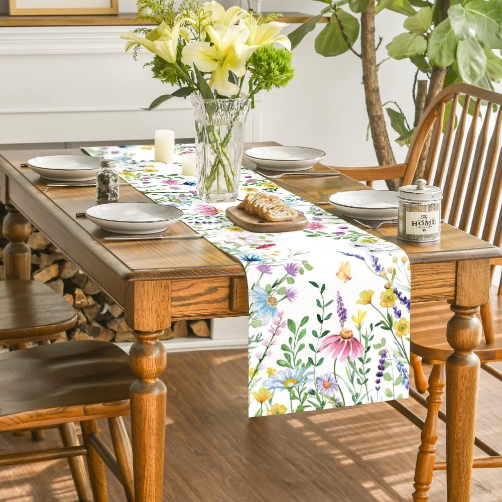 Artoid Mode Daisy Eucalyptus Lavender Floral Leaves Summer Table Runner, Spring Kitchen Dining Table Decoration for Home Party Decor 13x72 Inch