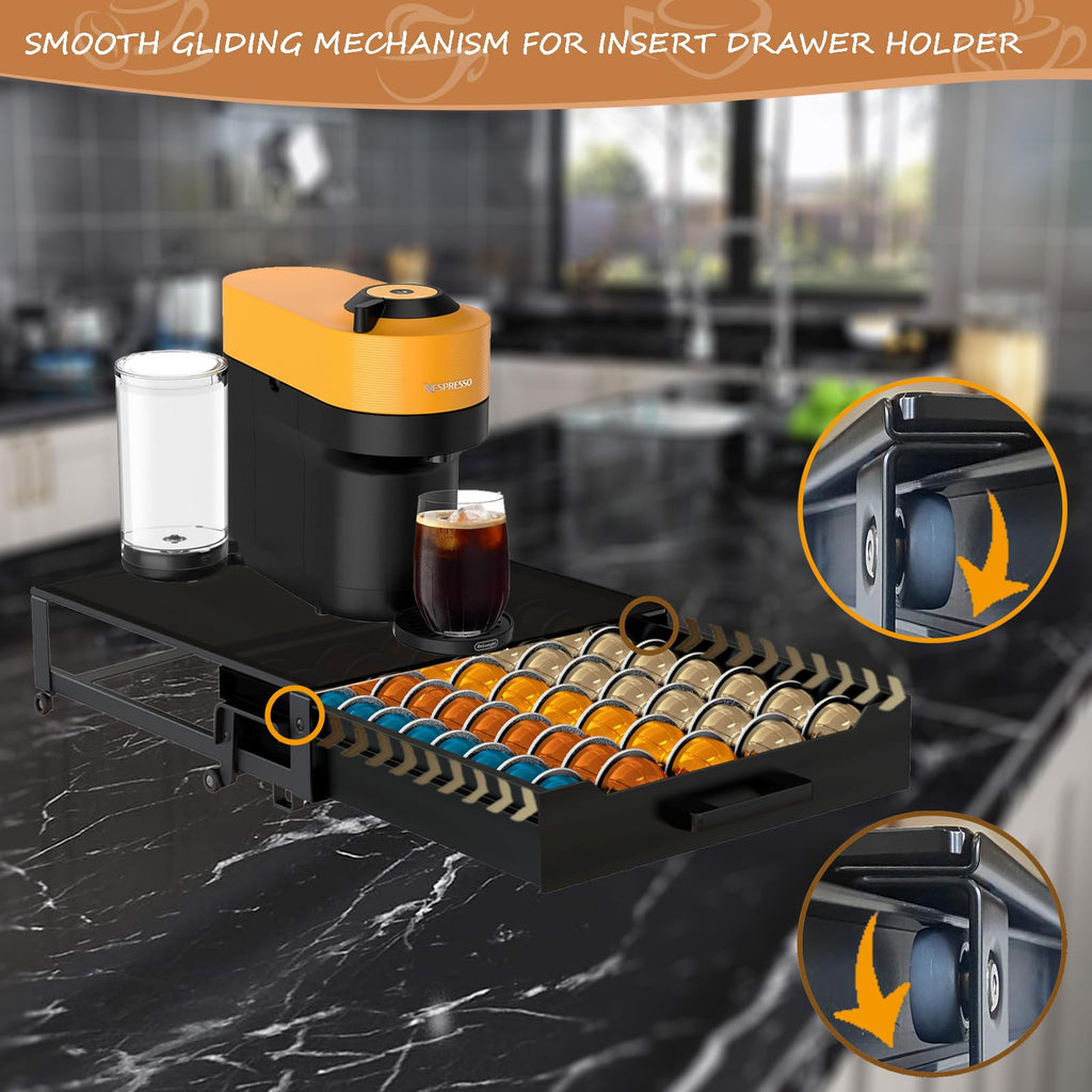 Vertuo Pod Holder Drawer with Deluxe Black Tempered Glass Top, Compatible for Nespresso VertuoLine Pods, Holds up to 75 Small or 50 Big Vertuo Pods Compact Design (Piano Black Nespresso Pods Holder)