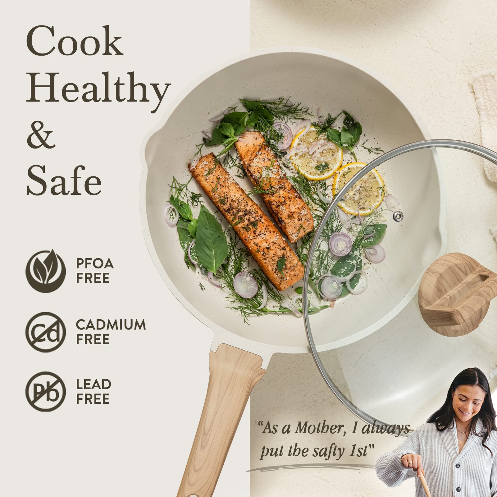 CAROTE 12Inch Nonstick Deep Frying Pan with Lid, 5.5 Qt Jumbo Cooker Saute Pan with Pour Spout, Skillet Induction Cookware, Non Stick Cooking Pan Kitchen Pan PFOA Free, White Granite