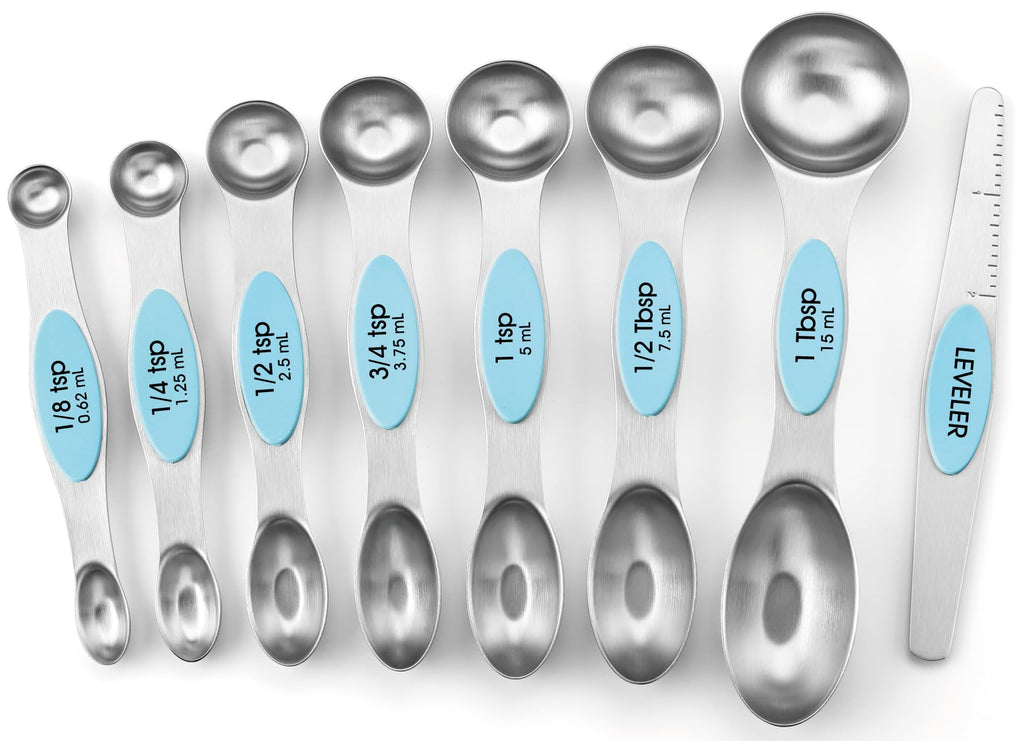 Spring Chef Stainless Steel Magnetic Measuring Spoons Set with Strong N45 Magnets, Heavy Duty Metal Kitchen Gadgets for Baking & Cooking, Fits in Most Kitchen Spice Jars, Set of 8 with Leveler, Black