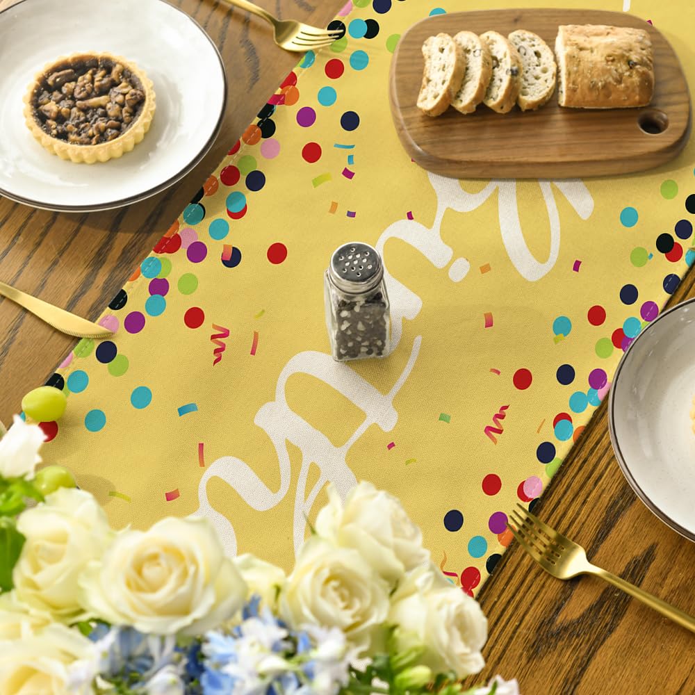 Artoid Mode Polka Dot Beige Happy Birthday Table Runner, Seasonal Kitchen Dining Table Decoration for Home Party Decor 13x72 Inch