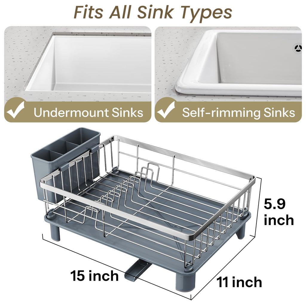 SNTD Dish Drying Rack - Small Dish Rack for Kitchen Counter, Stainless Steel Dish Drainer with Utensil Holder and Drainboard, 11" W x 15" L (Black)