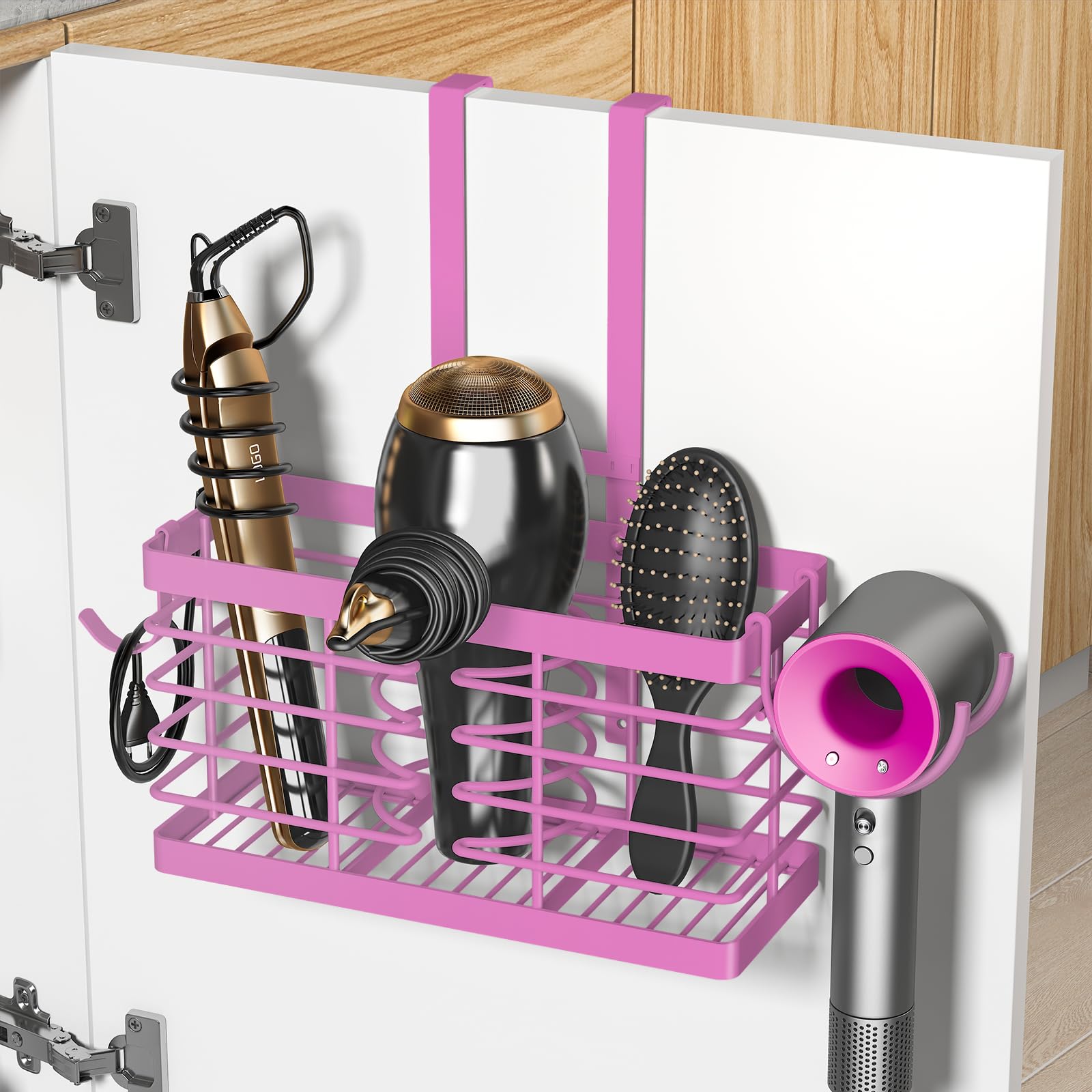 Hair Tool Organizer, 2026 Upgraded 3-in-1 Universal Hair Dryer Holder, Adjustable Height Metal Blow Dryer Holder Wall Mounted/Over Cabinet Door/Free-Standing (Black)
