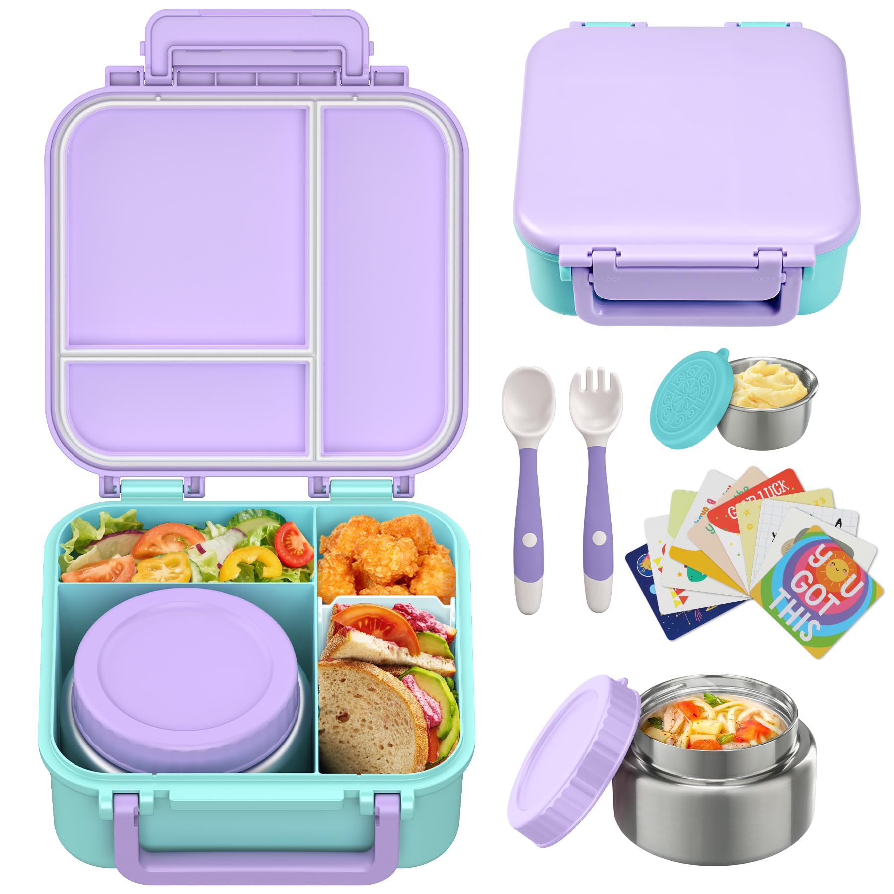 Kids Bento Lunch Box with 9oz Soup Thermo Leakproof Lunch Food Containers 4 Compartment with Insulated Hot Food Jar for Kid Toddler Girls Boys to School Trvael