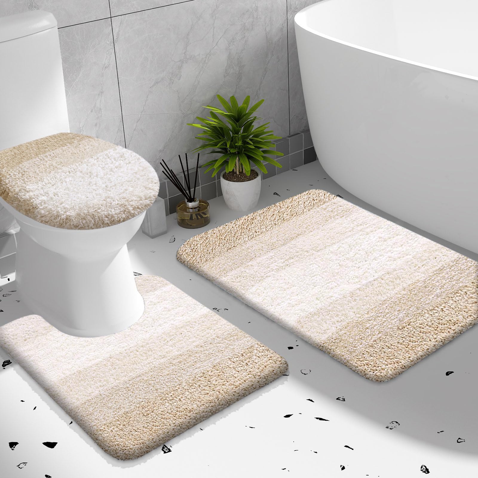 OLANLY Bathroom Rugs Sets 3 Piece, Soft Microfiber Absorbent Bath Mat, U-Shaped Contour Toilet Mat and Toilet Lid Cover, Quick Dry, Machine Washable, Toilet Cover and Rug Set for Bathroom, Grey