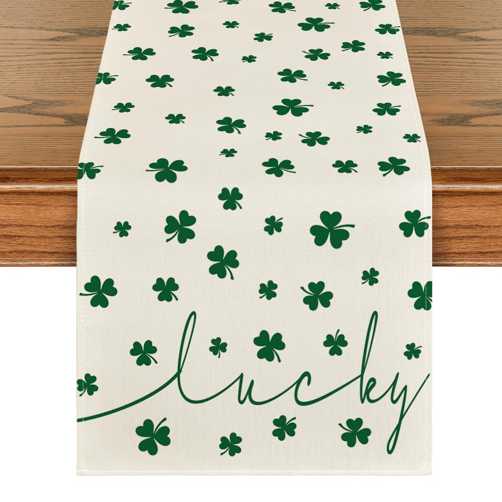 Artoid Mode Beige Lucky Shamrock St. Patrick's Day Table Runner, Seasonal Spring Holiday Kitchen Dining Table Decoration for Indoor Outdoor Home Party Decor 13 x 72 Inch