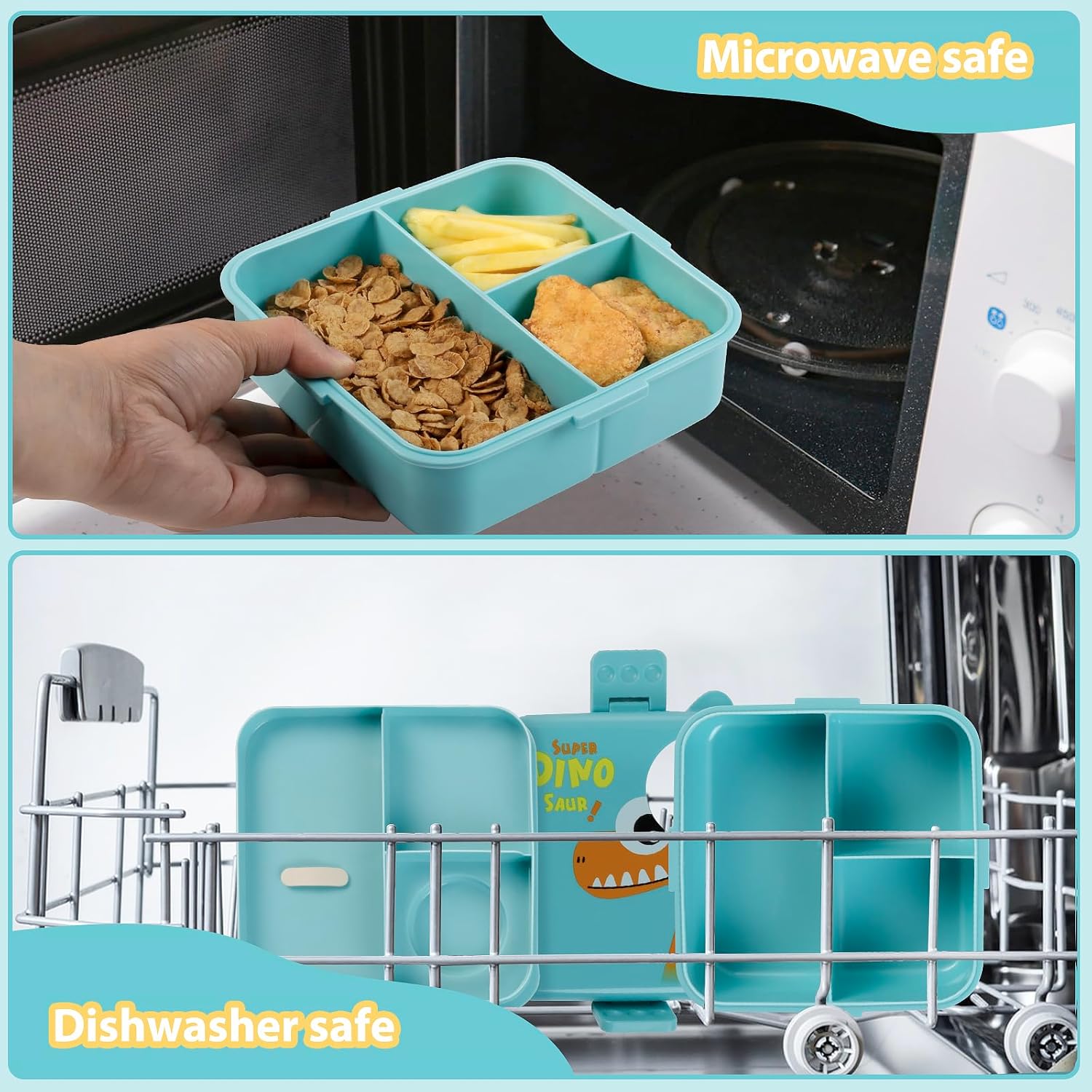 Freshmage 2 Pack Plastic Double-Layer Bento Box Container with 3 Compartments (Bule, Pink)