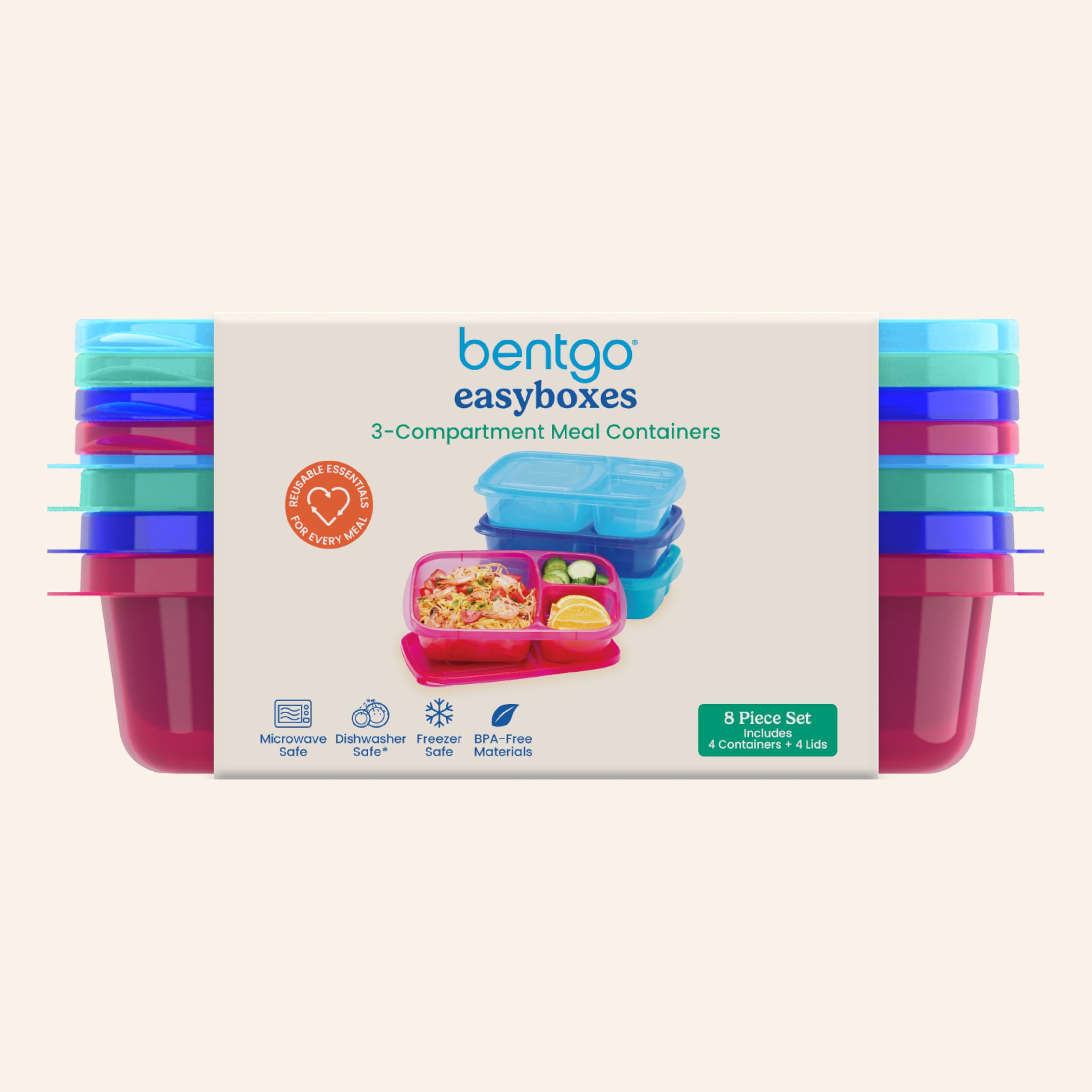 Bentgo Easyboxes - Original Stackable Lunch Boxes - Reusable 3-Compartment Food Containers for Kids and Adults - Bento Lunch Box for Meal Prep, School, & Work - BPA Free, Set of 4 (Classic)