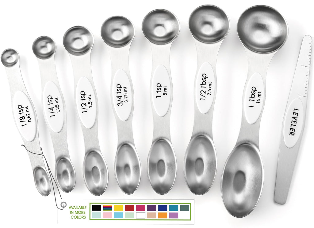 Spring Chef Stainless Steel Magnetic Measuring Spoons Set with Strong N45 Magnets, Heavy Duty Metal Kitchen Gadgets for Baking & Cooking, Fits in Most Kitchen Spice Jars, Set of 8 with Leveler, Black