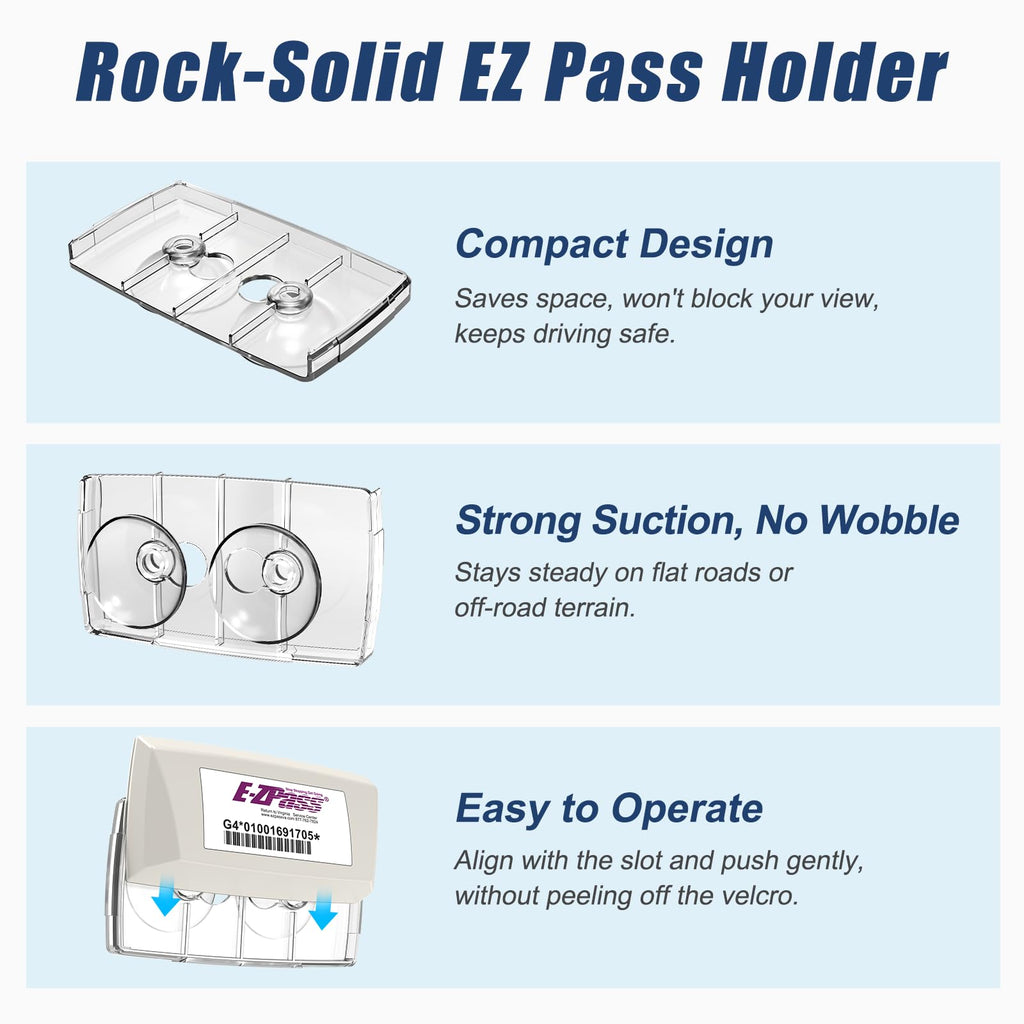 EZ Pass Holder, EZ Pass Holder for Windshield, Transponder Holder for Car with Removable Suction Cups, Toll Pass Holder for EZ Pass Mini/iPass, Install without Peeling off Velcro (Clear, 1Pack)