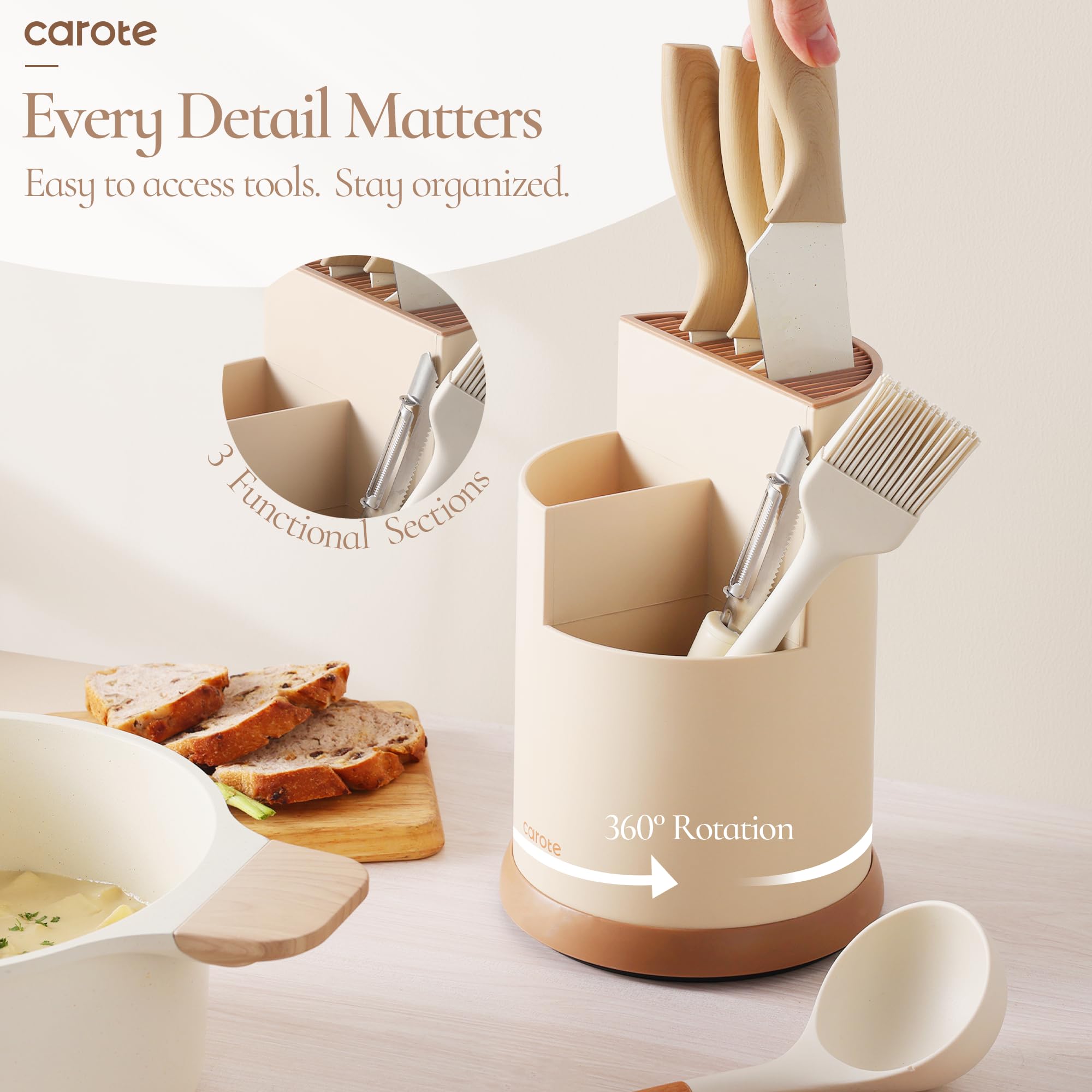 CAROTE Silicone Cooking Utensils Set for Nonstick Cookware, 446°F Heat Resistant Kitchen Utensil Set with Wooden Handle 10pcs, Spatula, Turner, Spoon, Tongs, Whisk