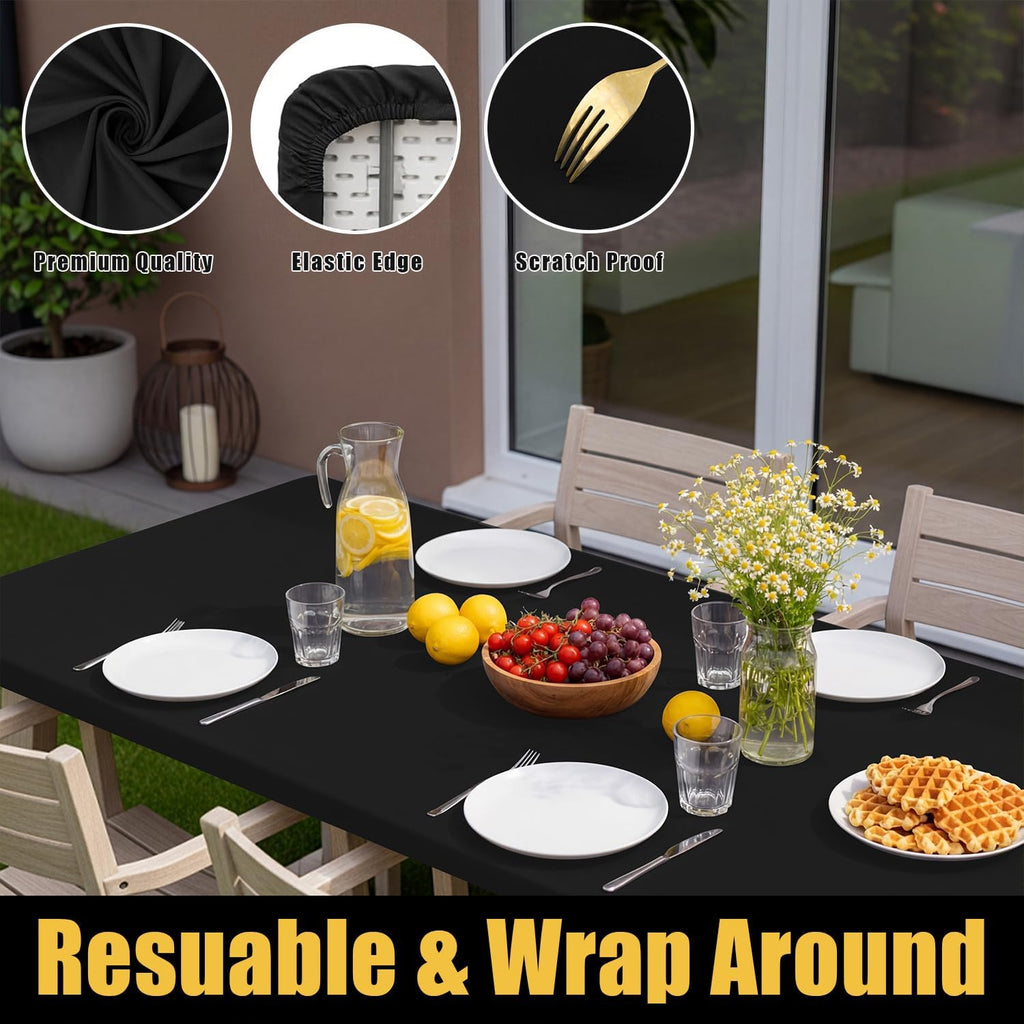 Smiry Rectangle Table Cloth, Waterproof Elastic Fitted Tablecloths for 6 Foot Tables, Washable Polyester Table Cover for Picnic, Camping, Outdoor (Black, 30"x72")