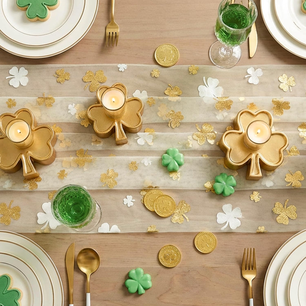 Artoid Mode Gauze Green Shamrocks St.Patrick's Day Table Runner 120 Inch 10FT,Seasonal Sheer Dining Holiday Baby Shower Table Decor for Home Party