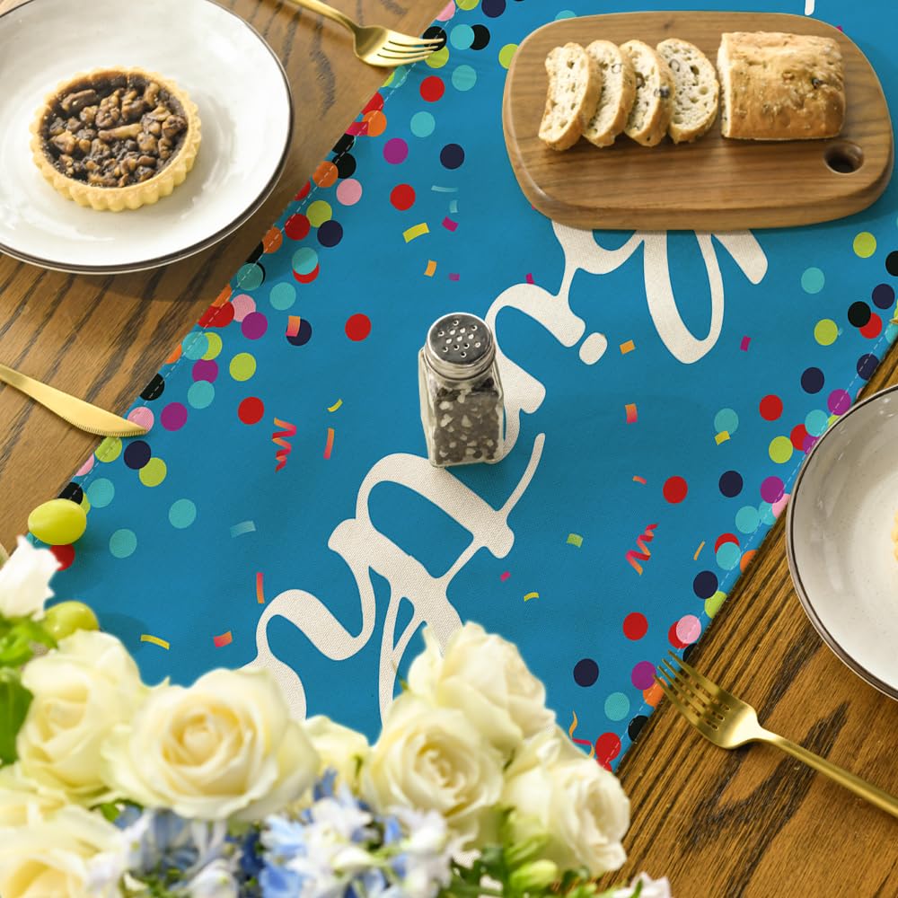 Artoid Mode Polka Dot Beige Happy Birthday Table Runner, Seasonal Kitchen Dining Table Decoration for Home Party Decor 13x72 Inch