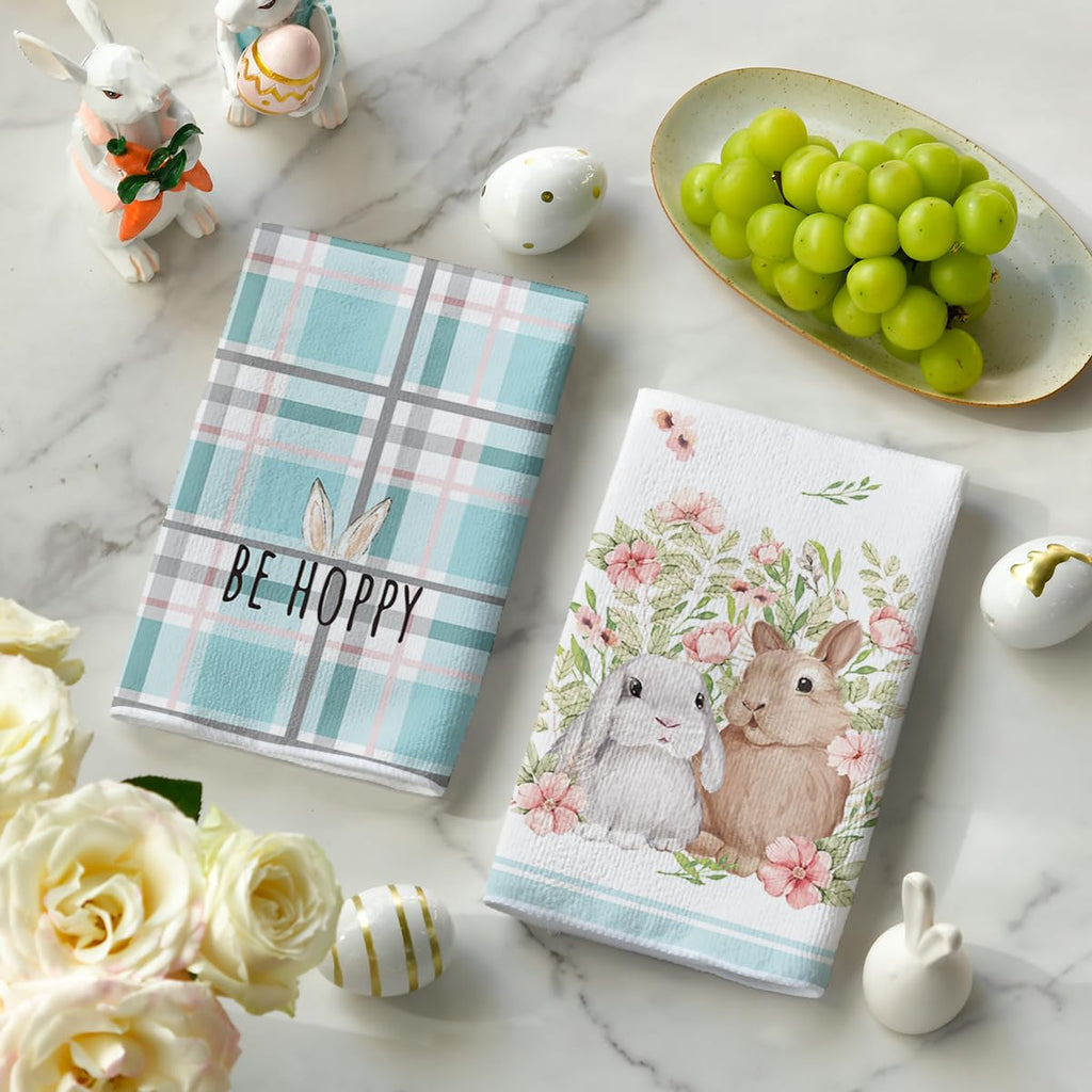 Artoid Mode Pink Bunny Rabbit Ears Floral Leaves Easter Kitchen Towels Dish Towels, 18x26 Inch Be Kind Seasonal Decoration Hand Towels Set of 4