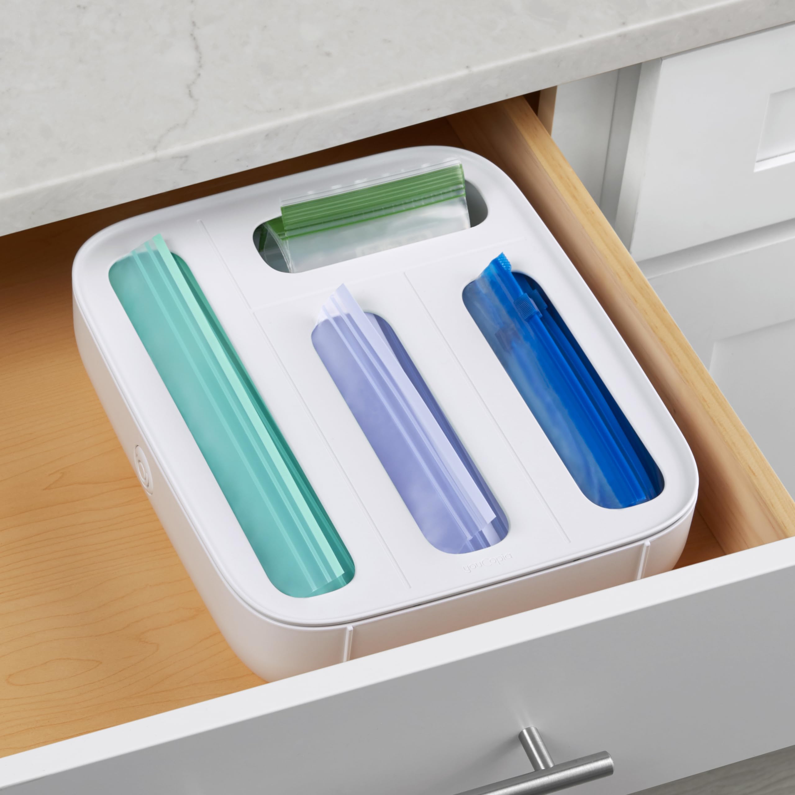 StoraBag Drawer Food Bags Dispenser, 4-Slot, Plastic Sandwich Bag Organizer for Kitchen Storage, White