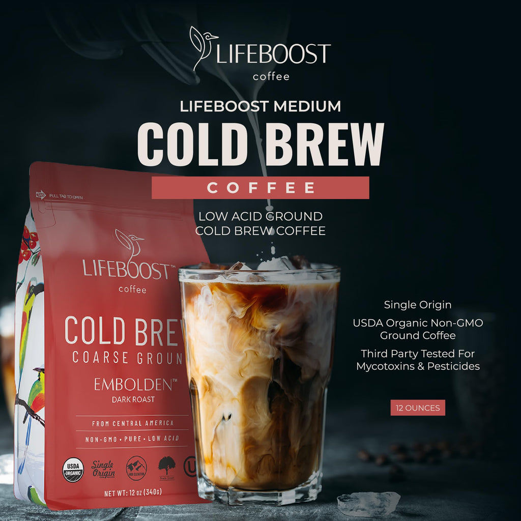 Lifeboost Low Acid Cold Brew Coffee, Organic Coarse Ground Medium Roast, 12 oz