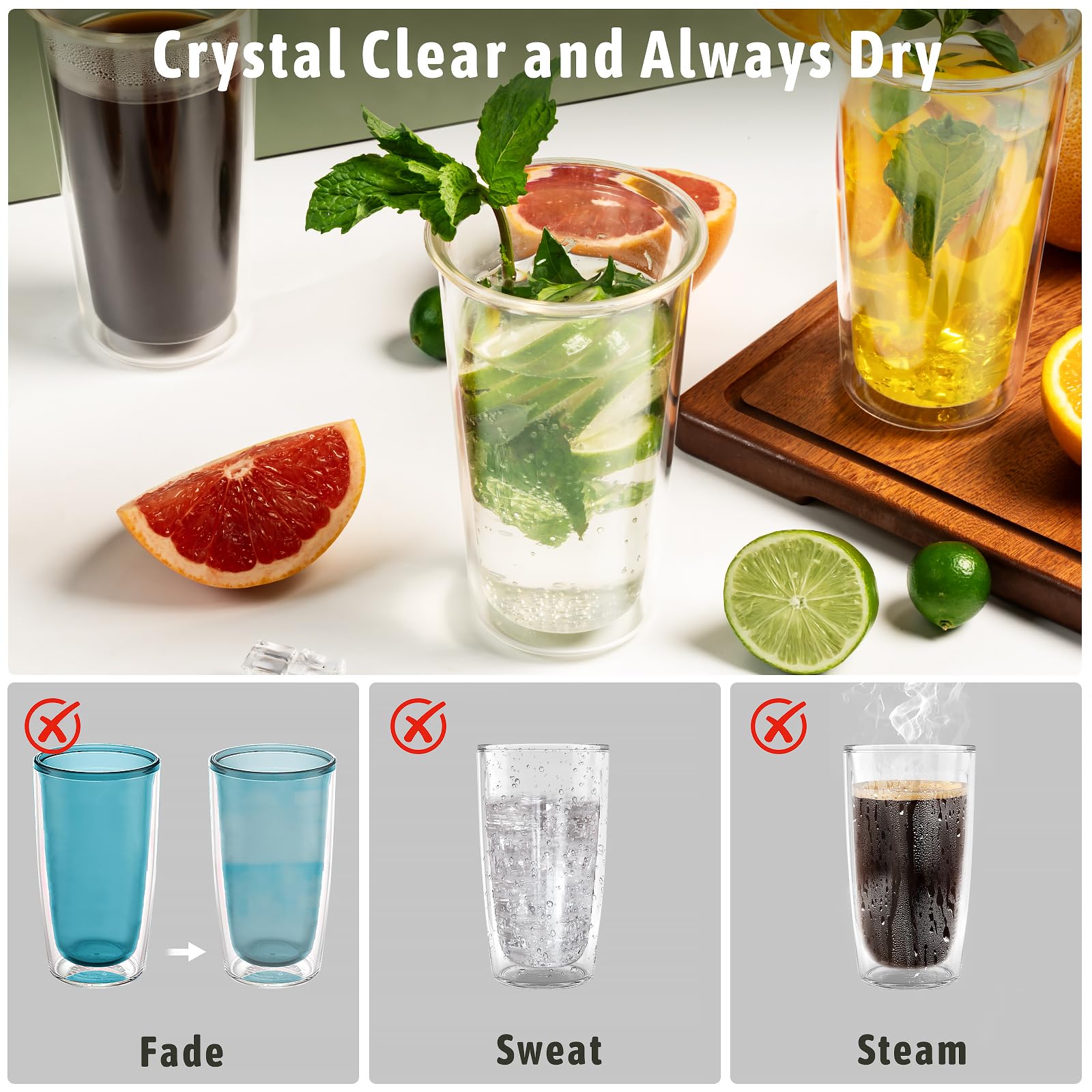 Freshmage 16oz Double Walled Insulated Tumblers (4 Pack), Tumbler Cups Keep Drinks Cold & Hot, Crystal Clear Reusable Plastic Cups, BPA-Free Plastic Drinking Glasses, Dishwasher Safe