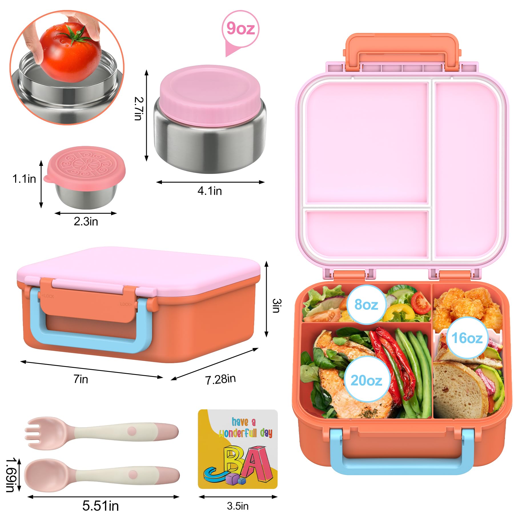 Kids Bento Lunch Box with 9oz Soup Thermo Leakproof Lunch Food Containers 4 Compartment with Insulated Hot Food Jar for Kid Toddler Girls Boys to School Trvael