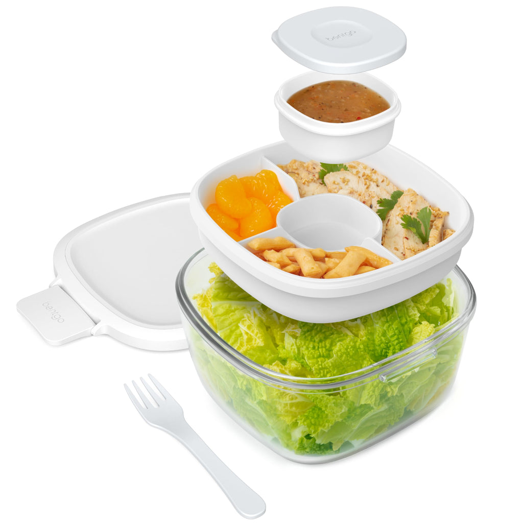 Bentgo Glass Salad Container - 7.6-Cup Salad Bowl with Airtight Lid, Leak-Proof Sauce Container, 4-Compartment Bento Tray & Reusable Fork - BPA-Free for Meal Prep, Office & More (Lavender)