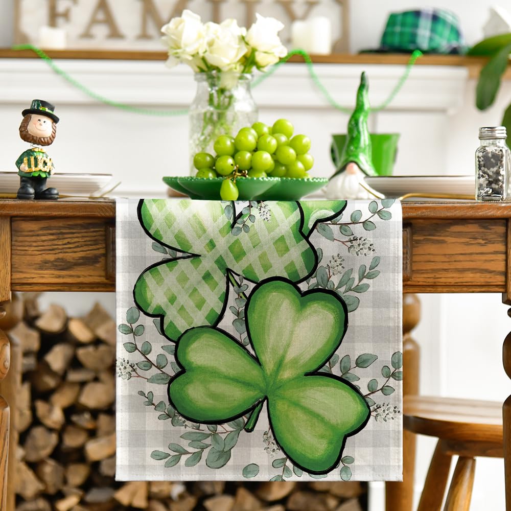 Artoid Mode Clover Shamrocks Eucalyptus Buffalo Plaid St.Patrick's Day Table Runner, Seasonal Kitchen Dining Table Runner for Home Party Decor 13x72 Inch
