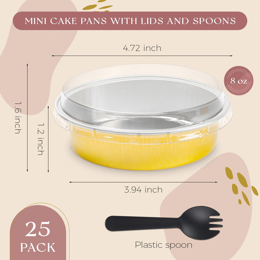 8 OZ Mini Cake Pans Disposable Ramekins with Lids Round Aluminum Mini Foil Cake Tins Baking Pans for Party Wedding Pudding (Black Gold, 25 Pack)