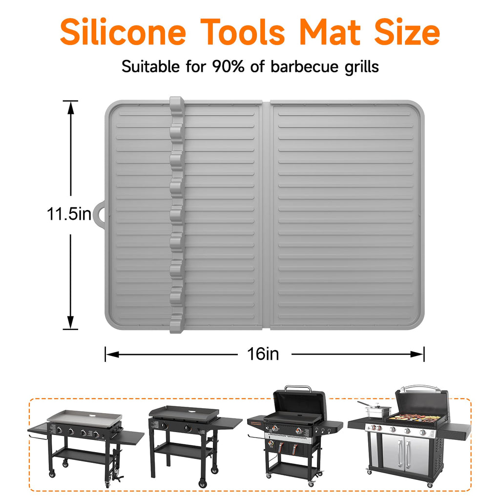 Silicone Grill Mat Compatible with Blackstone, Silicone Griddle Tool Mat with Adjustable Slots, Side Shelf Mat with Drip Pad for Griddle Accessories (Grey)